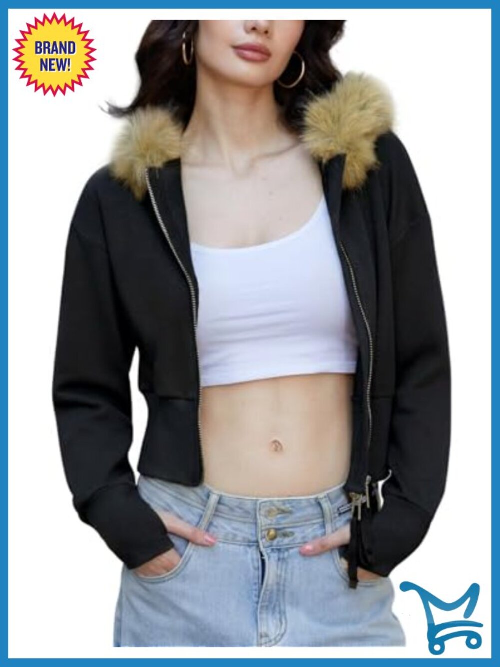 Cropped Hoodie Faux Fur Trim Jacket Zip Up Long Sleeve Hooded Sweatshirt